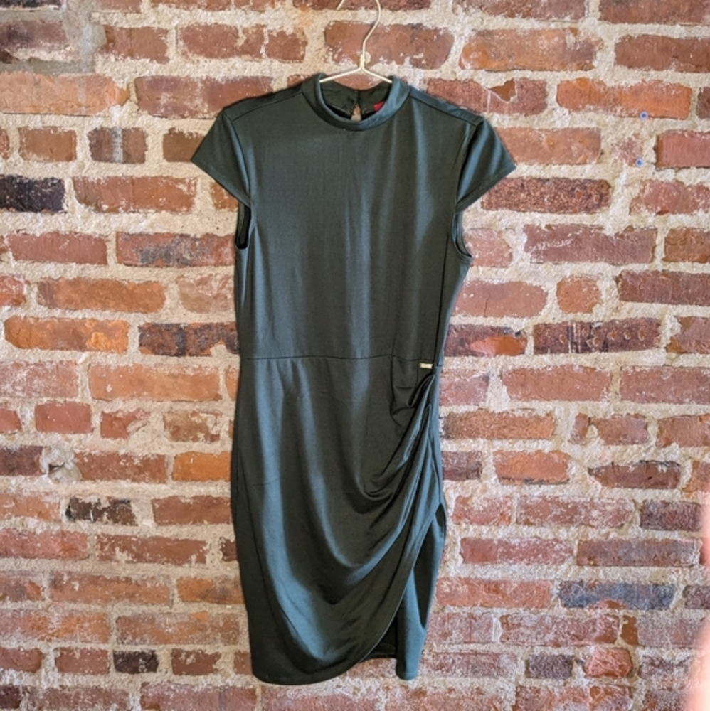 Guess Small Olive Green Fitted Dress w/ a‎ Faux Wrap Skirt & Ruching